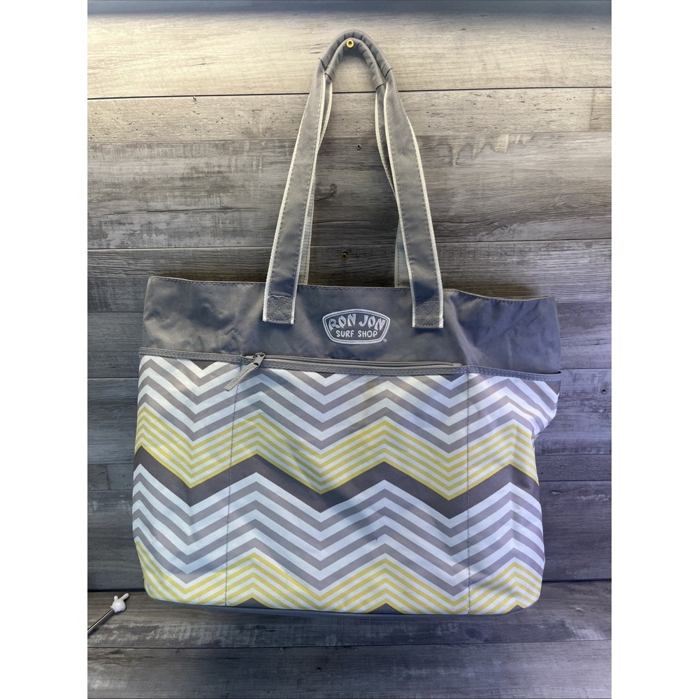 Ron Jon Surf Shop Large Tote Yellow Gray Chevron Beach Bag Pockets